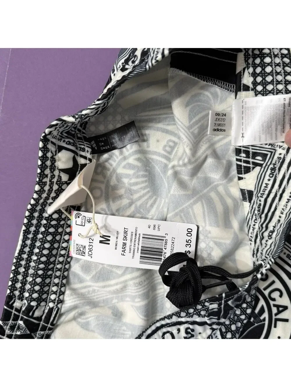 Adidas x Farm Rio Skirt Black White Graphic Print JD6312 Women Size Medium - Picture 6 of 9